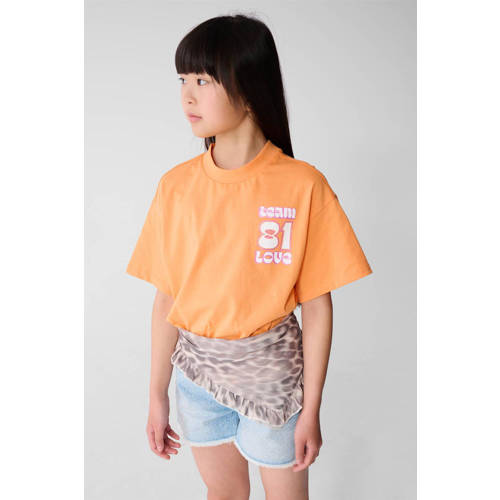 Shoeby T-shirt met backprint oranje met glitter afbeelding