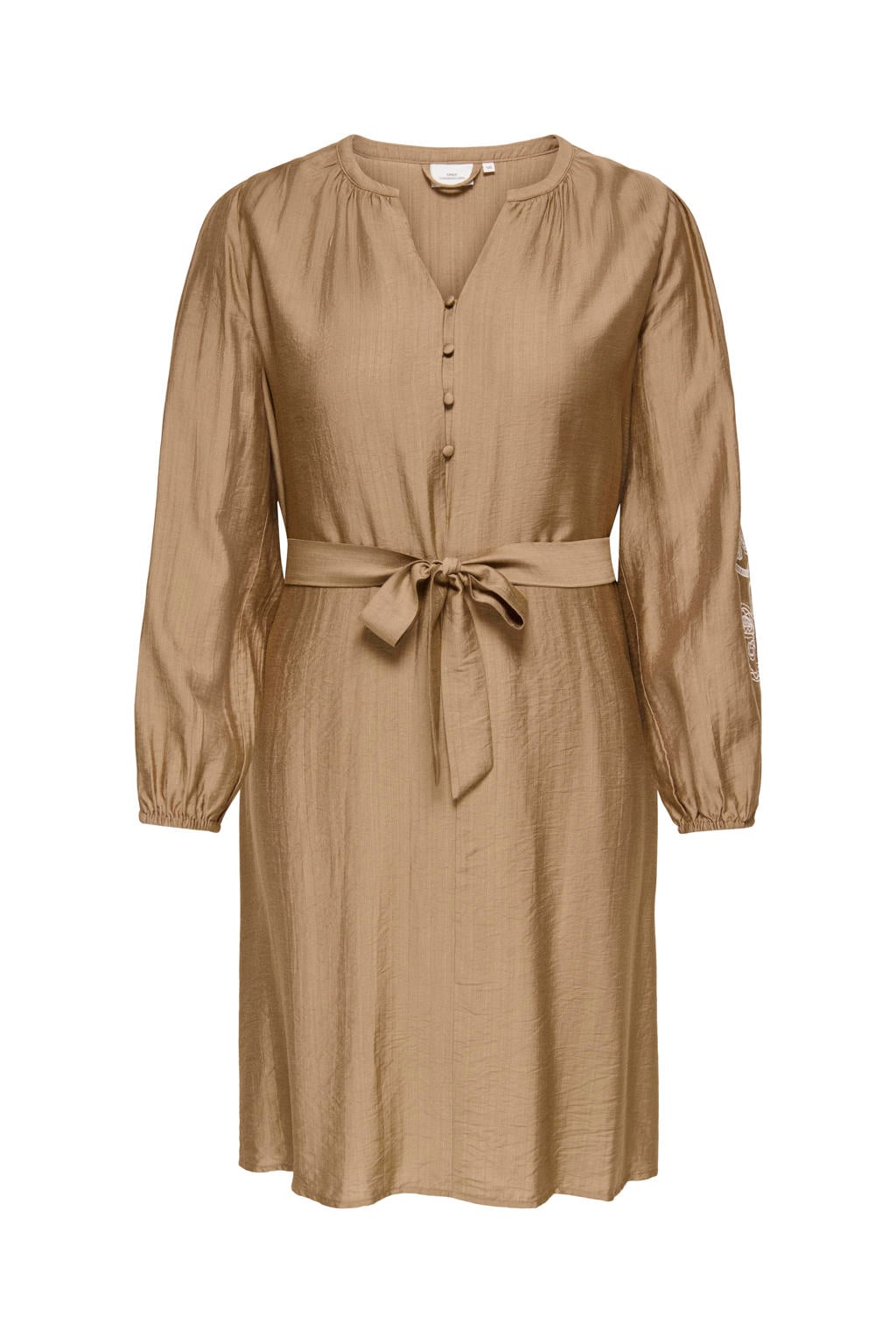 Bruine dames ONLY CARMAKOMA cocktailjurk van viscose met effen, lange mouwen, V-hals, knoopsluiting en ceintuur
