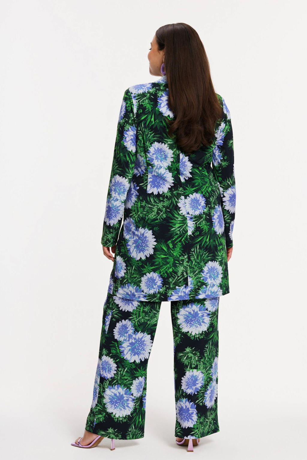 YOEK wide leg high waist gebloemde broek blauw