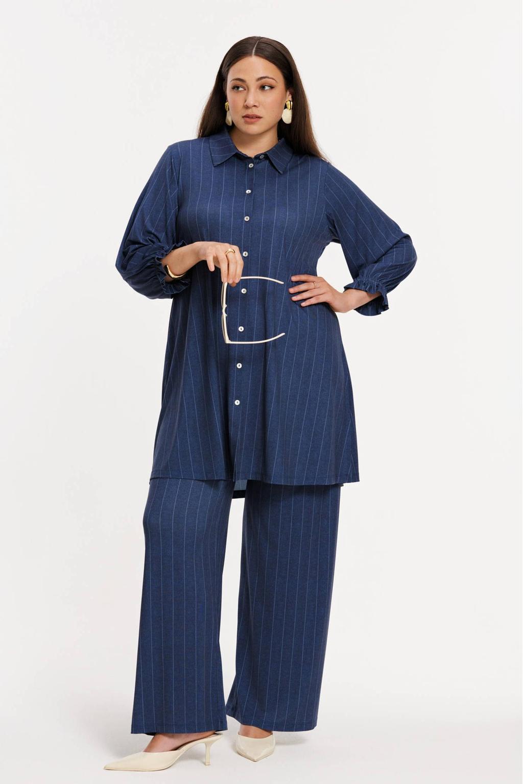 YOEK wide leg high waist broek met krijtstreep blauw