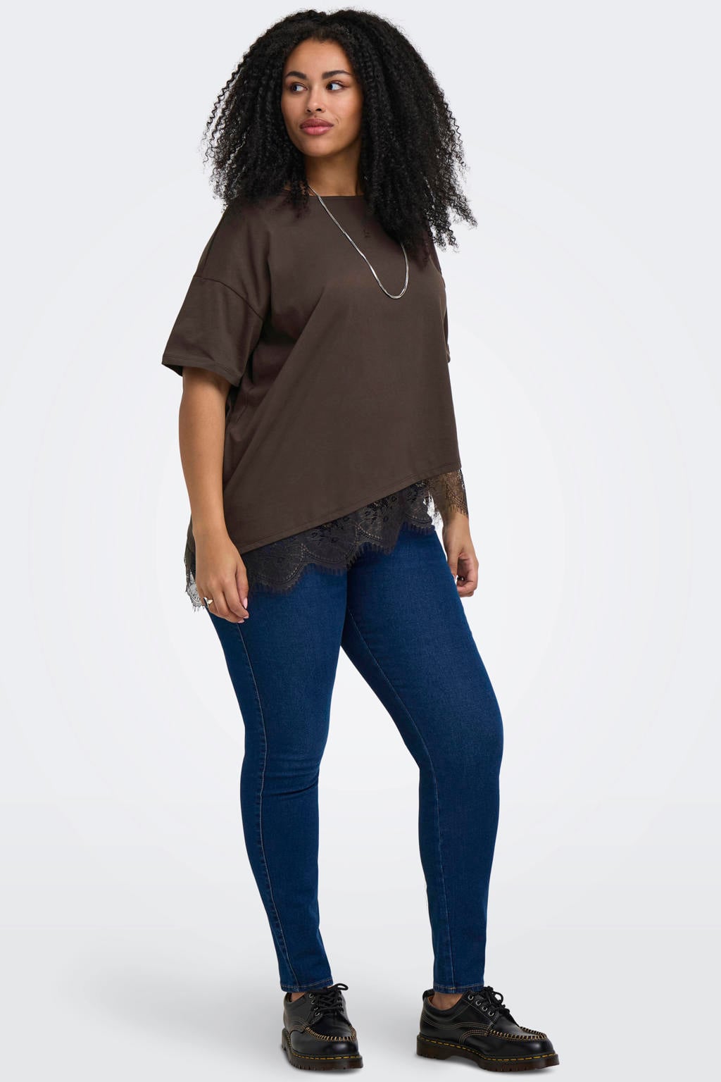 Donkerblauwe dames ONLY CARMAKOMA T-shirt van katoen met effen, korte mouwen en ronde hals