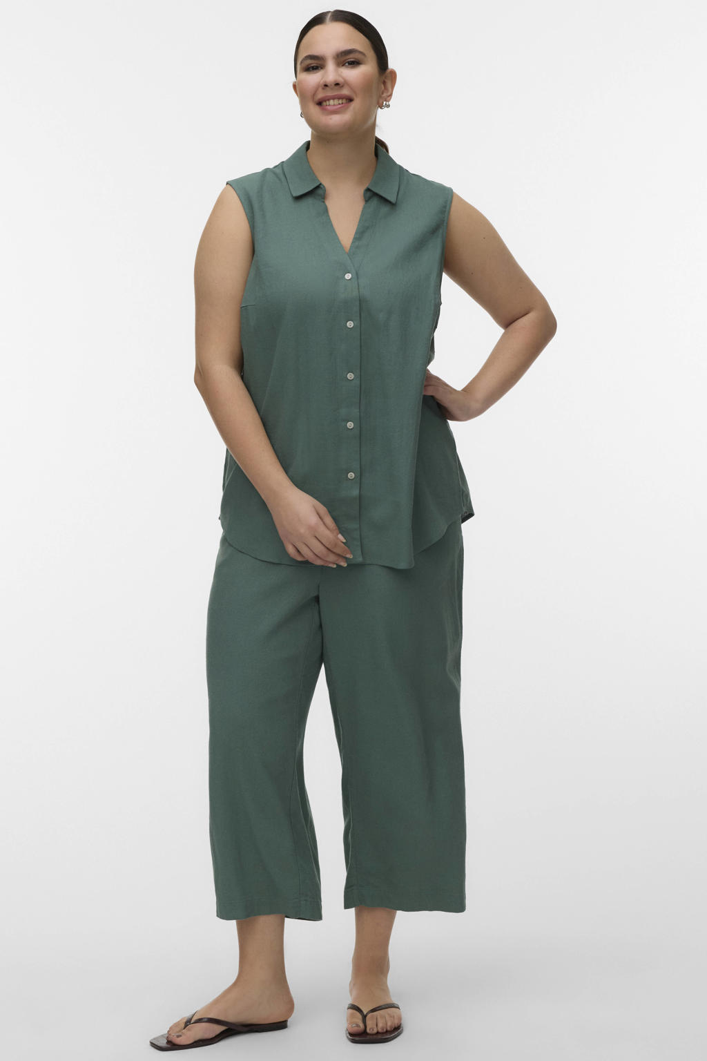 Groene dames VERO MODA CURVE top van viscose met effen, V-hals en geweven detail