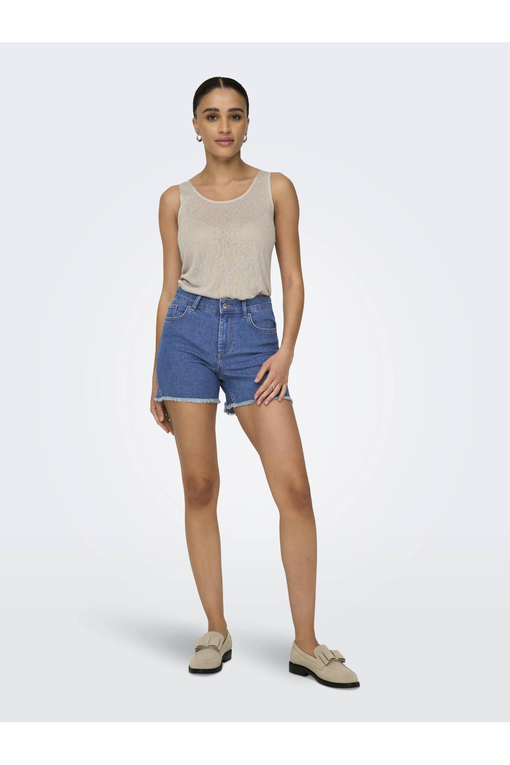 Dark blue denim dames ONLY skinny regular waist short van denim met rits- en knoopsluiting en effen