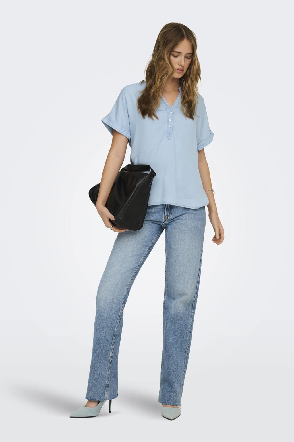 Light blue denim dames ONLY top van lyocell met effen, korte mouwen en V-hals