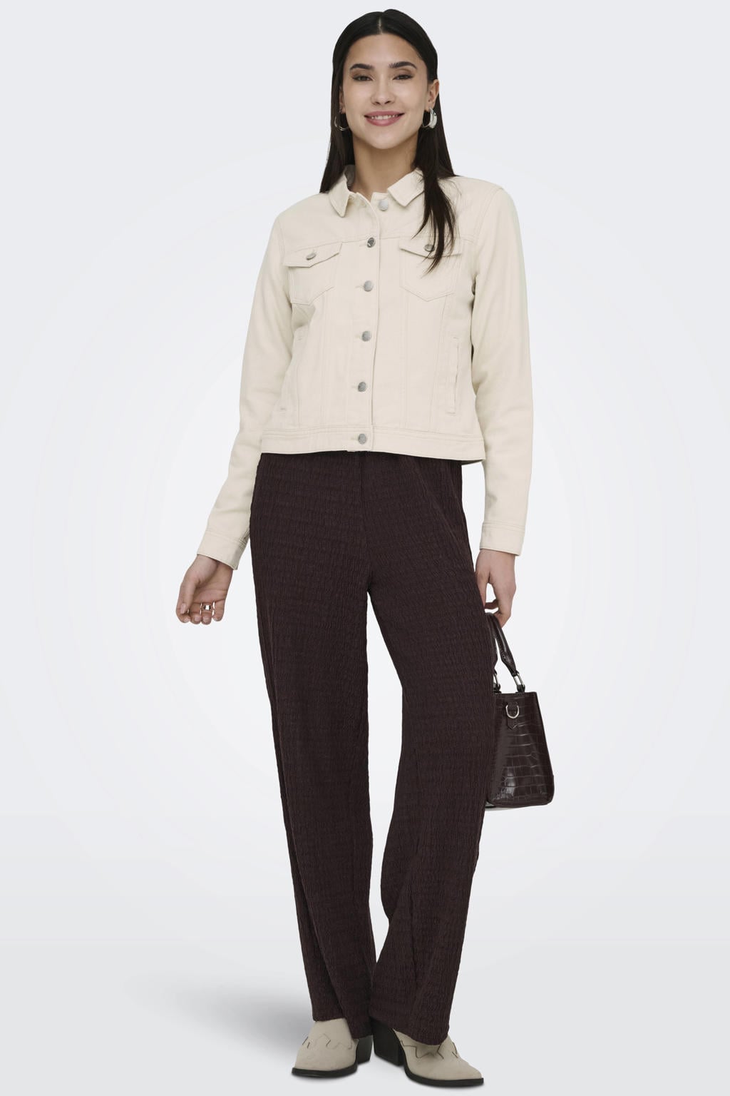 Beige dames ONLY spijkerjas van katoen met effen, lange mouwen, widespread hals en knoopsluiting