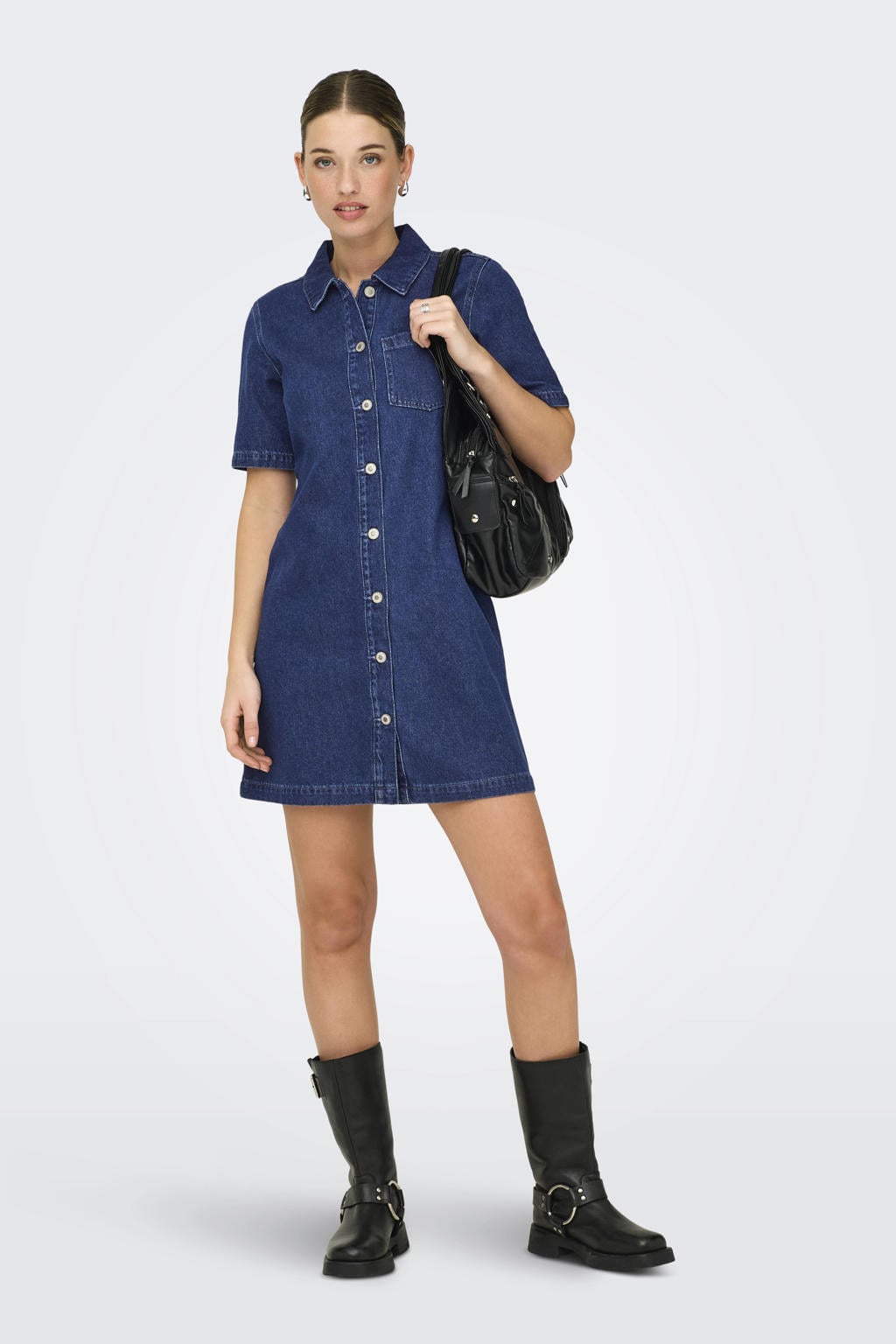 Dark blue denim dames ONLY spijkerjurk dark blue van katoen met effen, korte mouwen en knoopsluiting