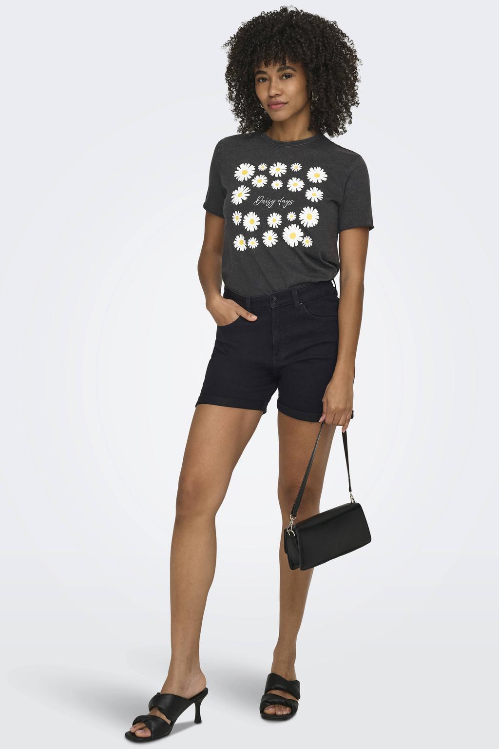 Zwarte dames ONLY regular high waist short van katoen met knoopsluiting