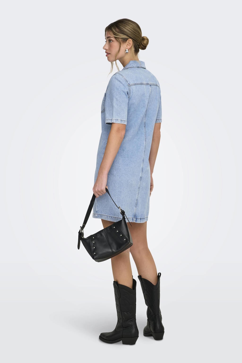 Light blue denim dames ONLY spijkerjurk van katoen met effen, korte mouwen, button down sluiting en knoopsluiting