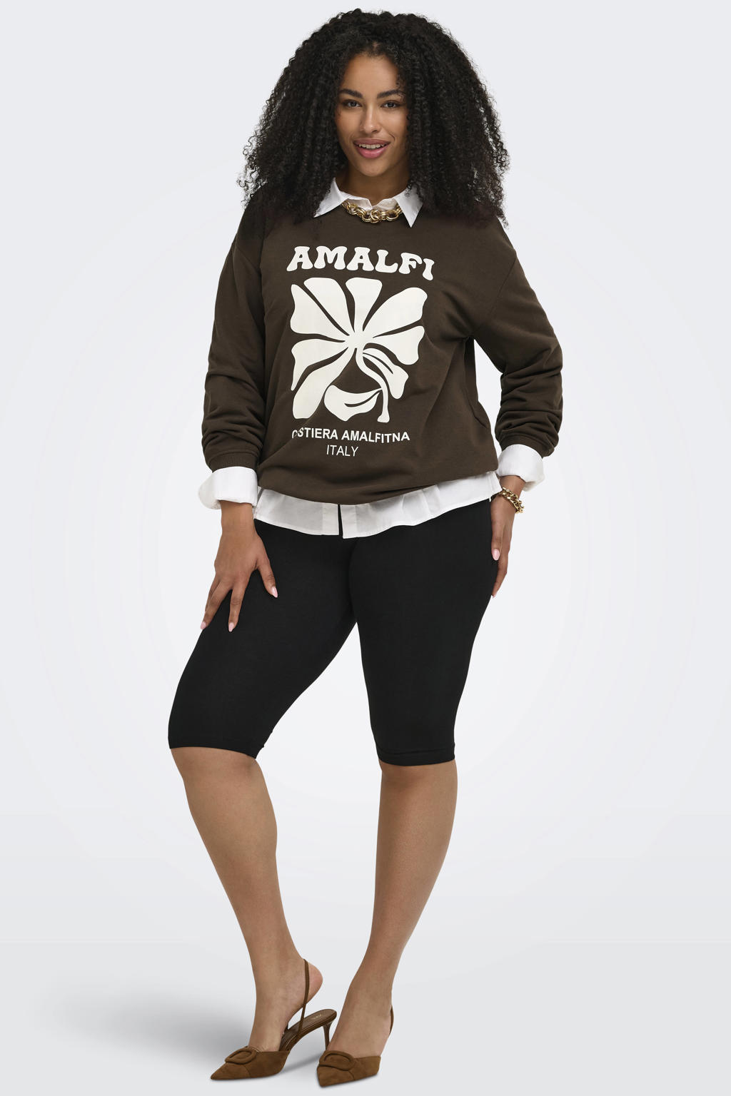Donkerbruin en witte dames ONLY CARMAKOMA sweater van polyester met printopdruk, lange mouwen, ronde hals en geribde boorden