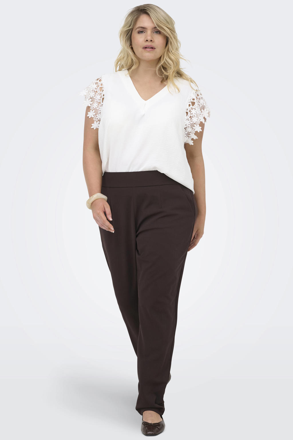 Donkerblauwe dames ONLY CARMAKOMA regular waist casual broek van polyester met elastische tailleband en effen