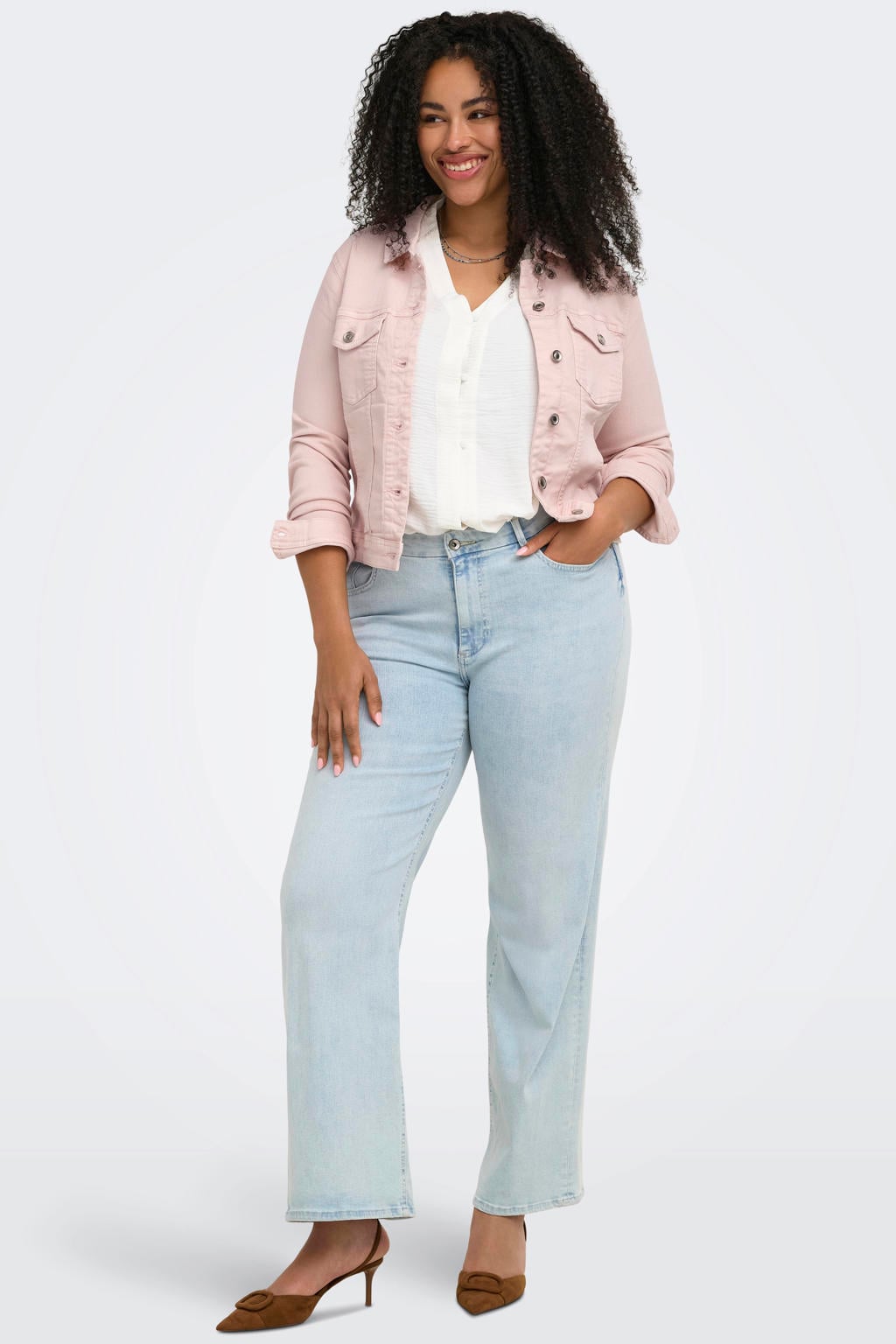 Lichtroze dames ONLY CARMAKOMA spijkerjas van denim met effen, lange mouwen, klassieke kraag en knoopsluiting