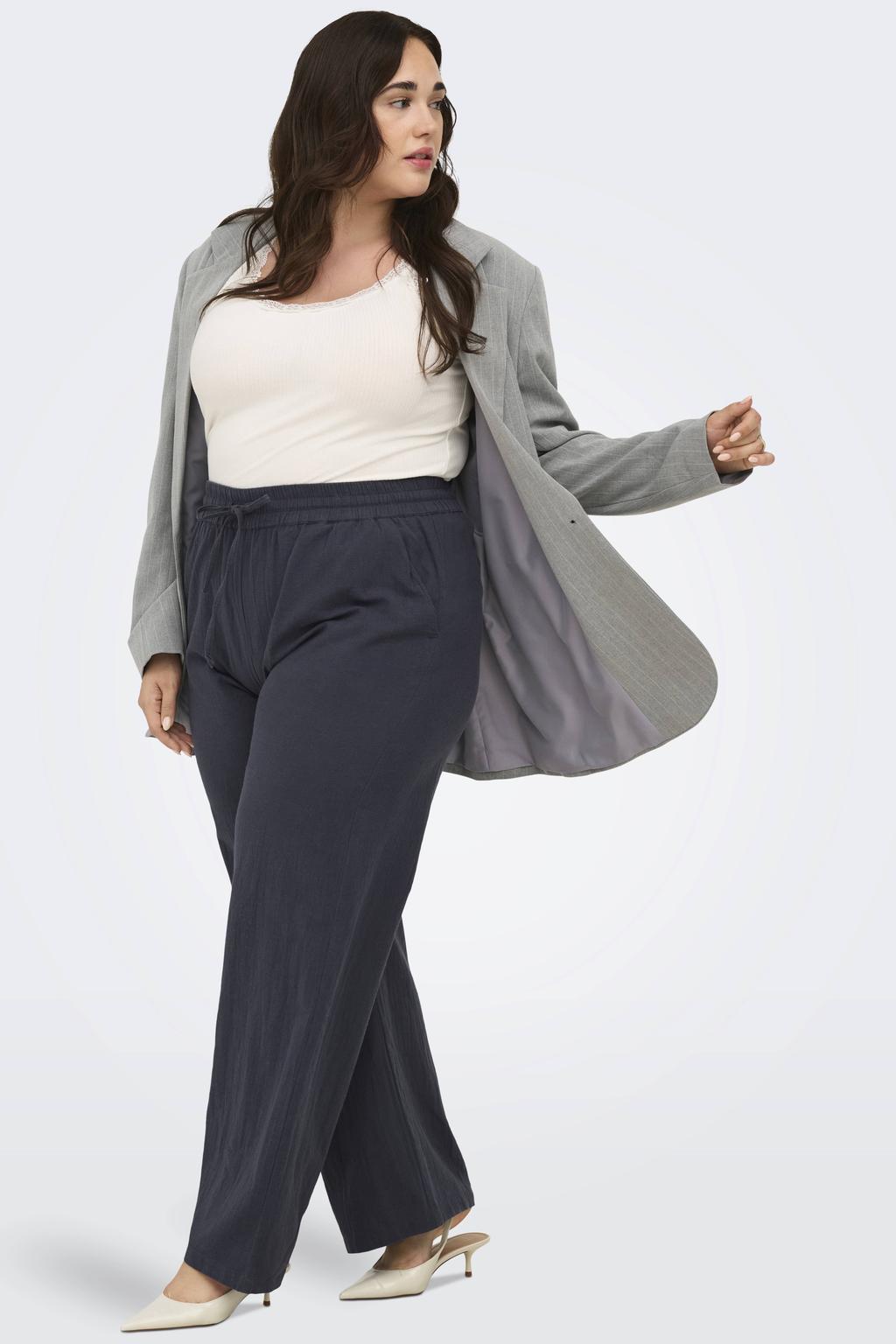Blauwe dames ONLY CARMAKOMA wide leg high waist casual broek van katoenlinnen met elastische tailleband met koord en effen