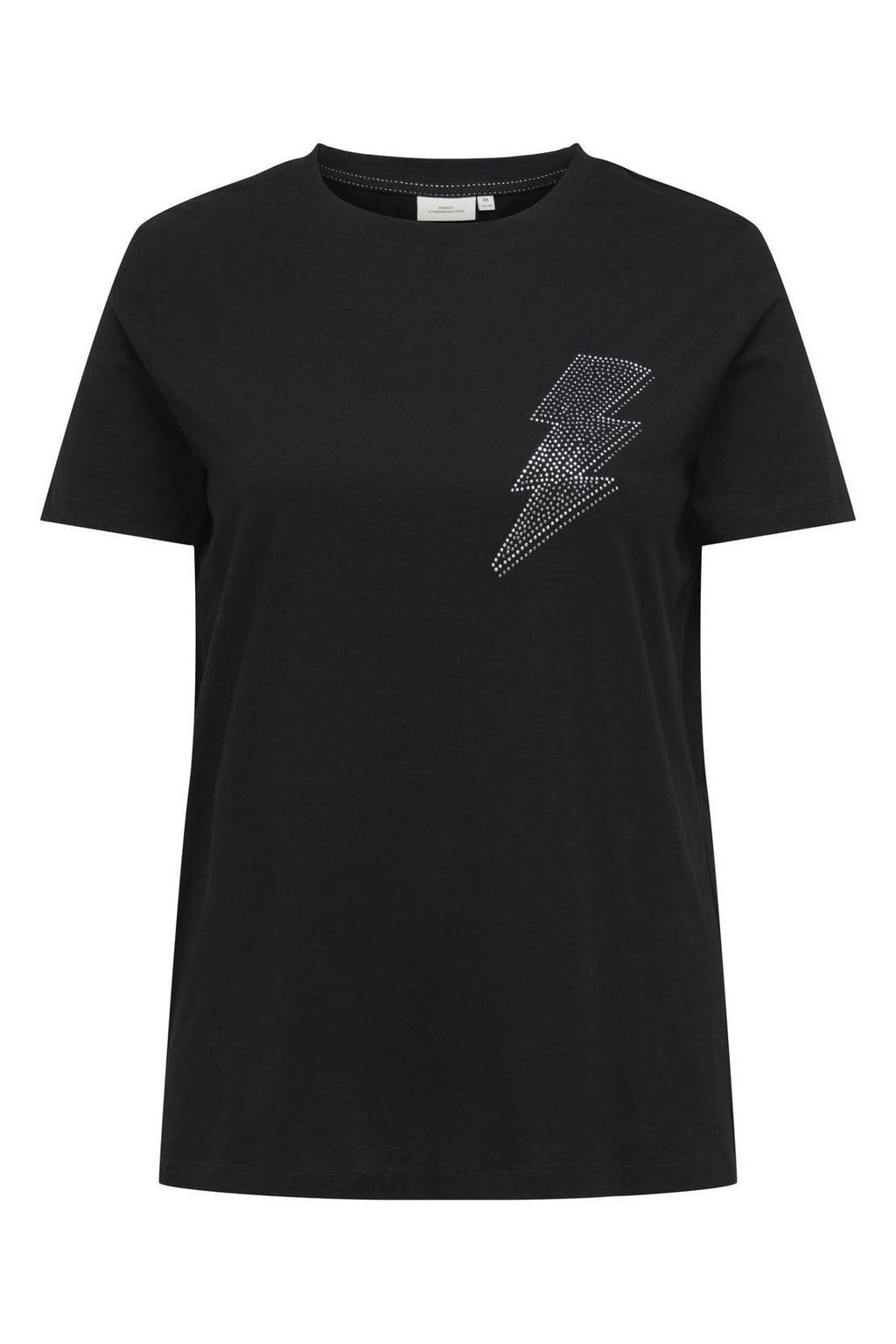 Zwarte dames ONLY CARMAKOMA T-shirt van katoen met effen, korte mouwen, ronde hals en strass steentjes