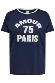 thumbnail: Donkerblauwe dames ONLY CARMAKOMA T-shirt van katoen met printopdruk, korte mouwen en ronde hals