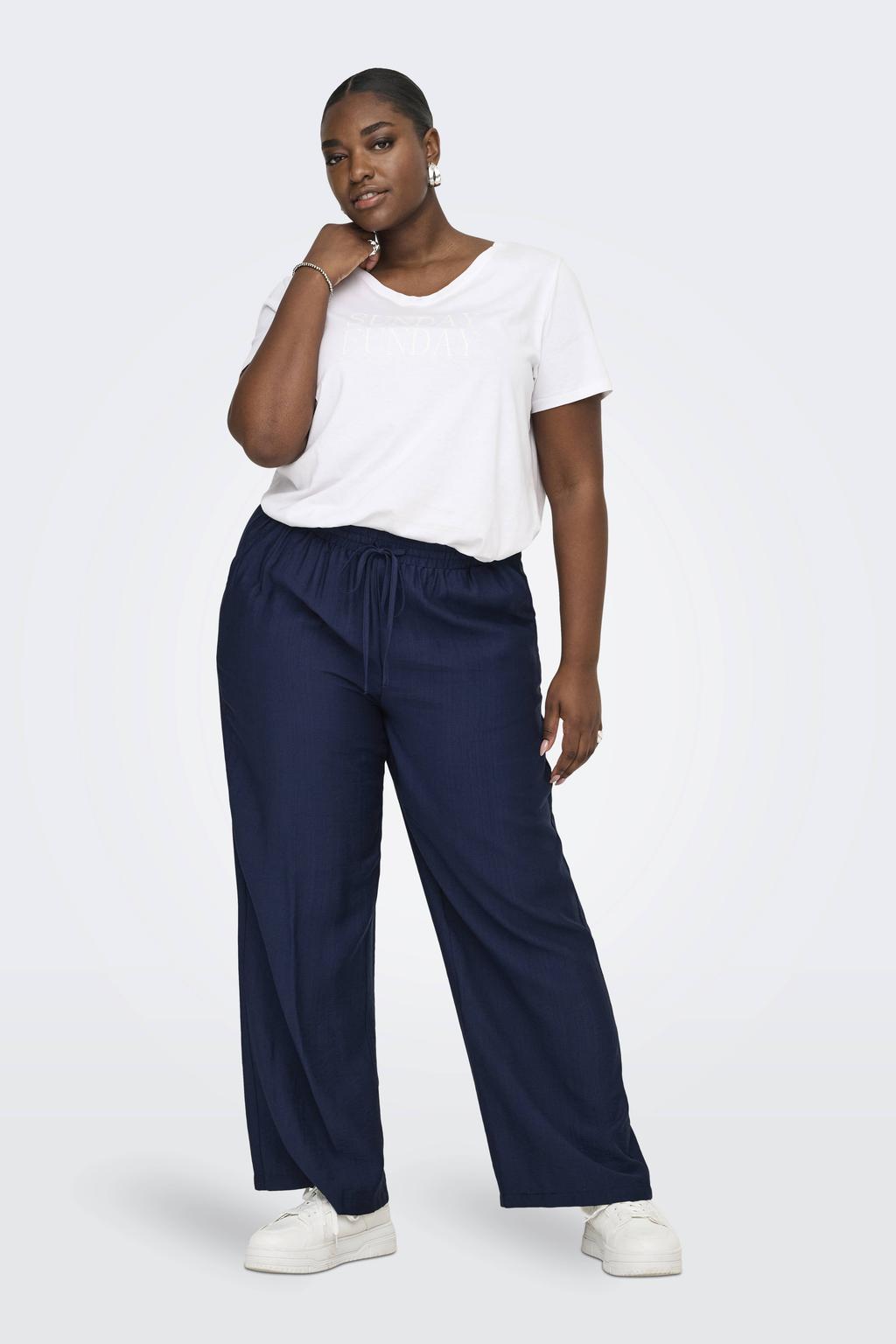 Donkerblauwe dames ONLY CARMAKOMA high waist casual broek van viscose met loose fit, elastische tailleband met koord en effen