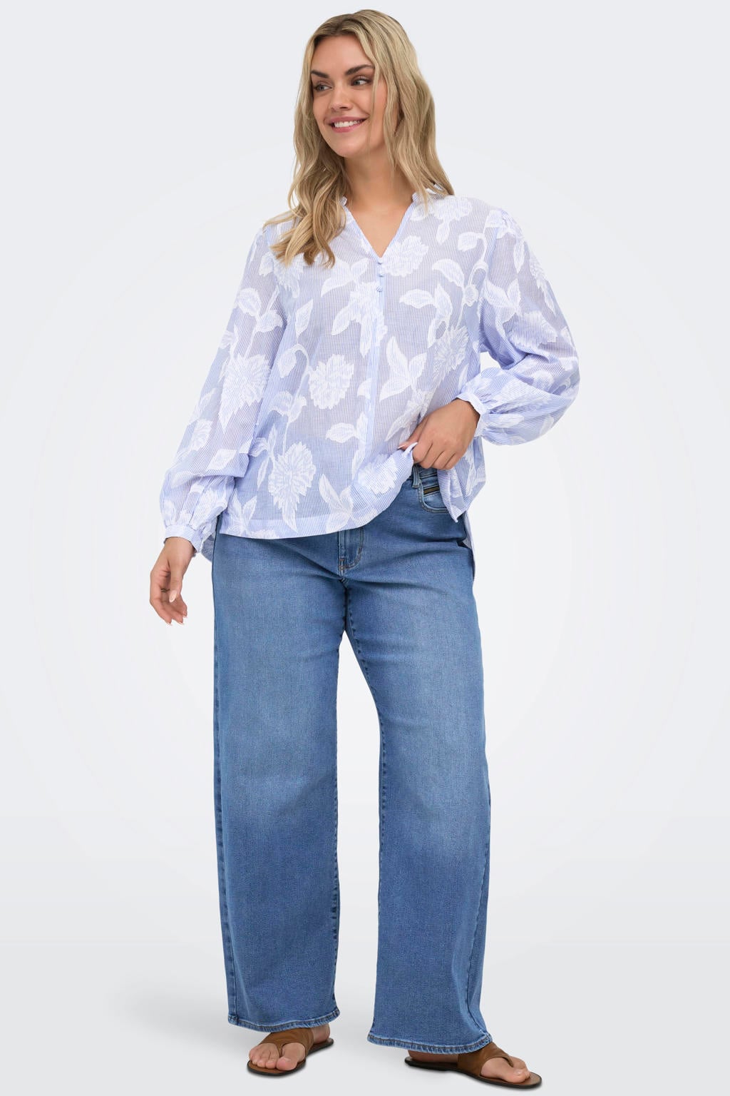 Lilakleurige dames ONLY CARMAKOMA gebloemde blousetop van polyester met lange mouwen, button down sluiting en borduursels