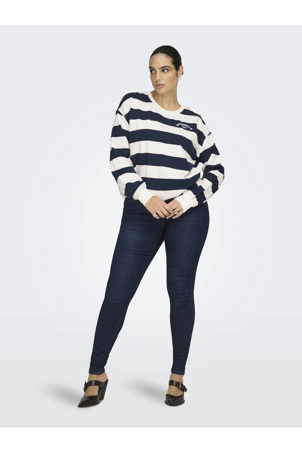 Ecru en donkerblauwe dames ONLY CARMAKOMA gestreepte sweater van katoen met lange mouwen en ronde hals