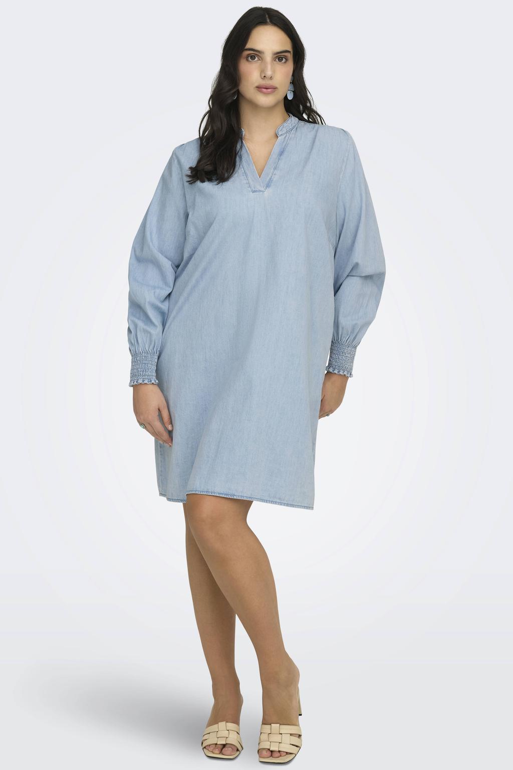 Blauwe dames ONLY CARMAKOMA blousejurk van katoen met effen, lange mouwen, V-hals, striksluiting en ceintuur