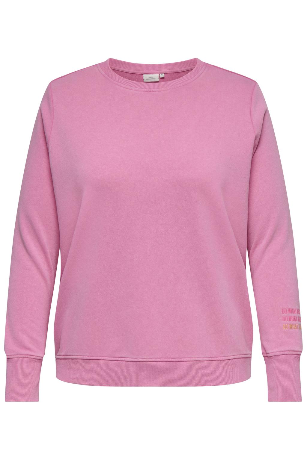 Roze dames ONLY CARMAKOMA sweater van katoen met backprint, lange mouwen, ronde hals en geribde boorden
