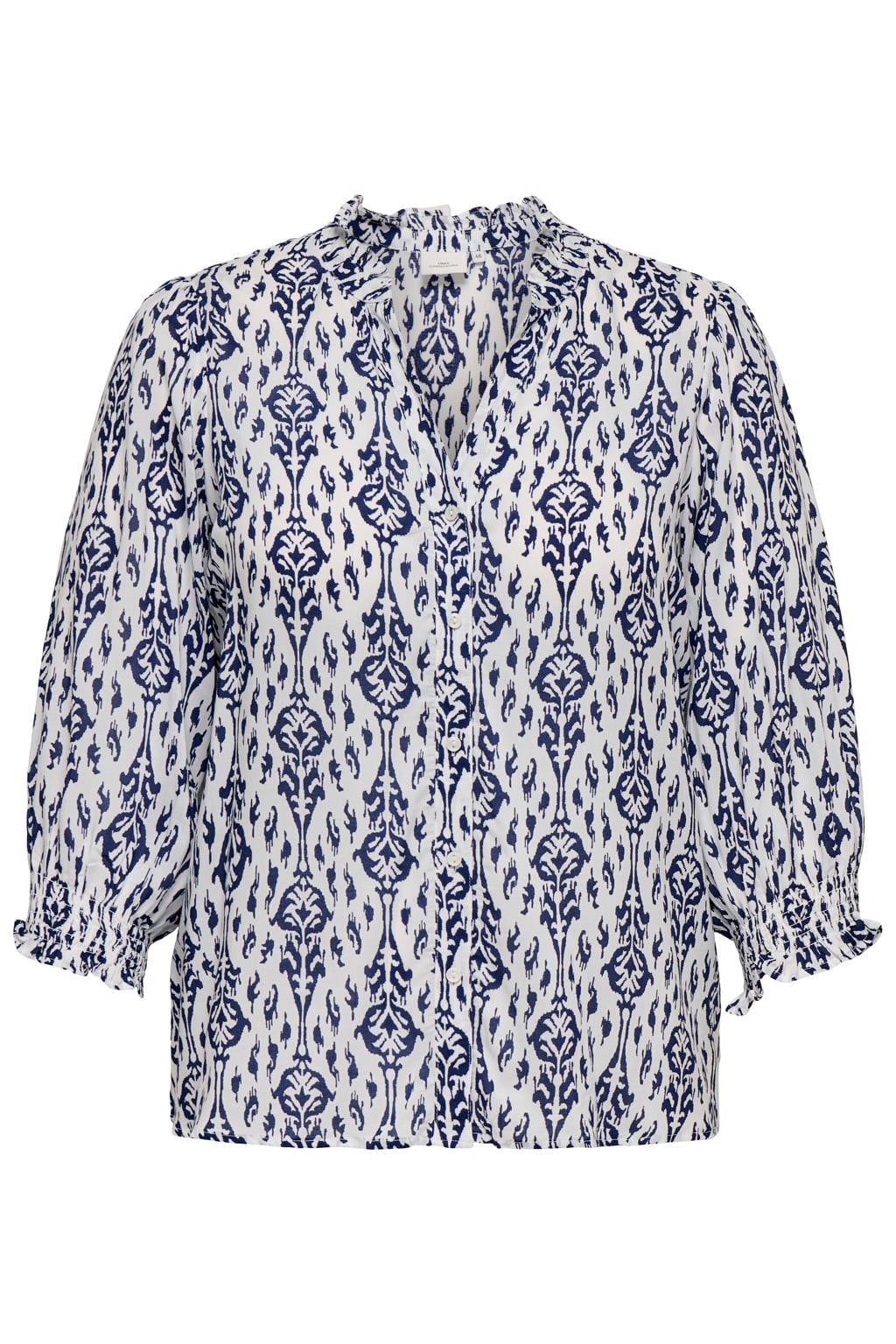 Blauw en witte dames ONLY CARMAKOMA blouse van viscose met dierenprint, driekwart mouwen, V-hals, knoopsluiting en geweven detail