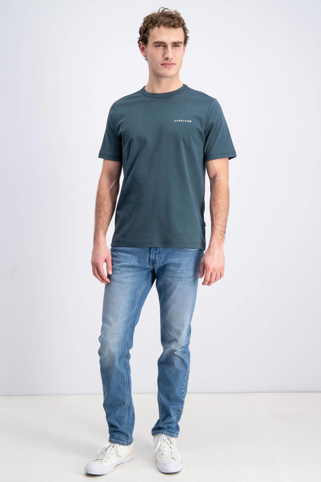 Petrolkleurige heren GABBIANO regular T-shirt van katoen met backprint, korte mouwen en ronde hals