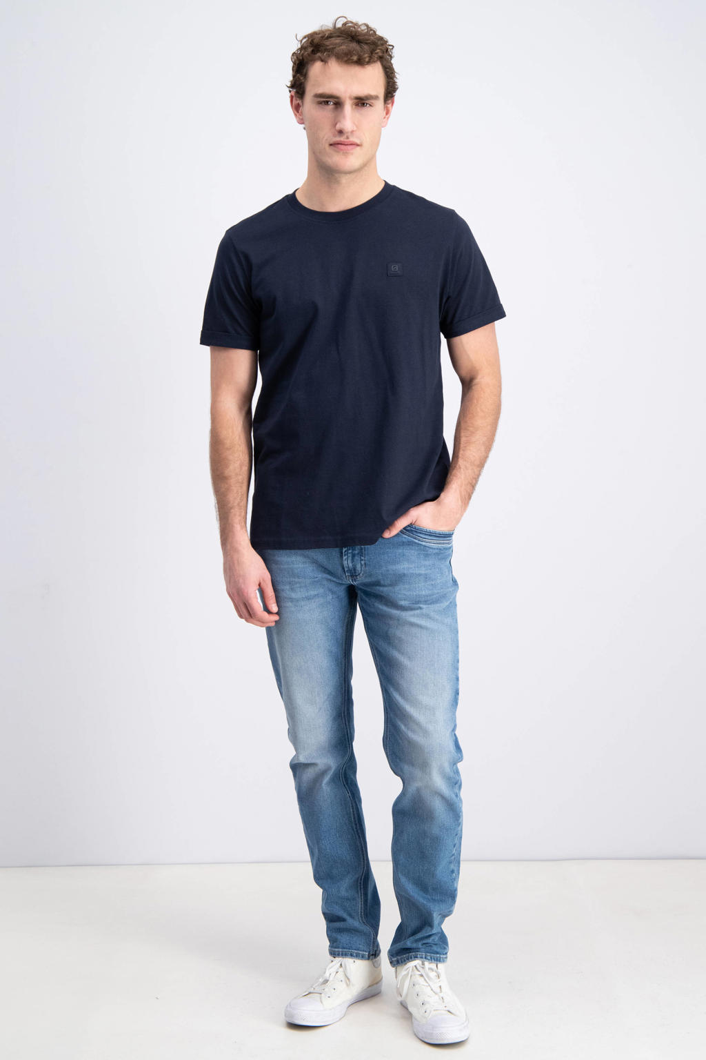 Donkerblauwe heren GABBIANO regular T-shirt van katoen met backprint, korte mouwen en ronde hals