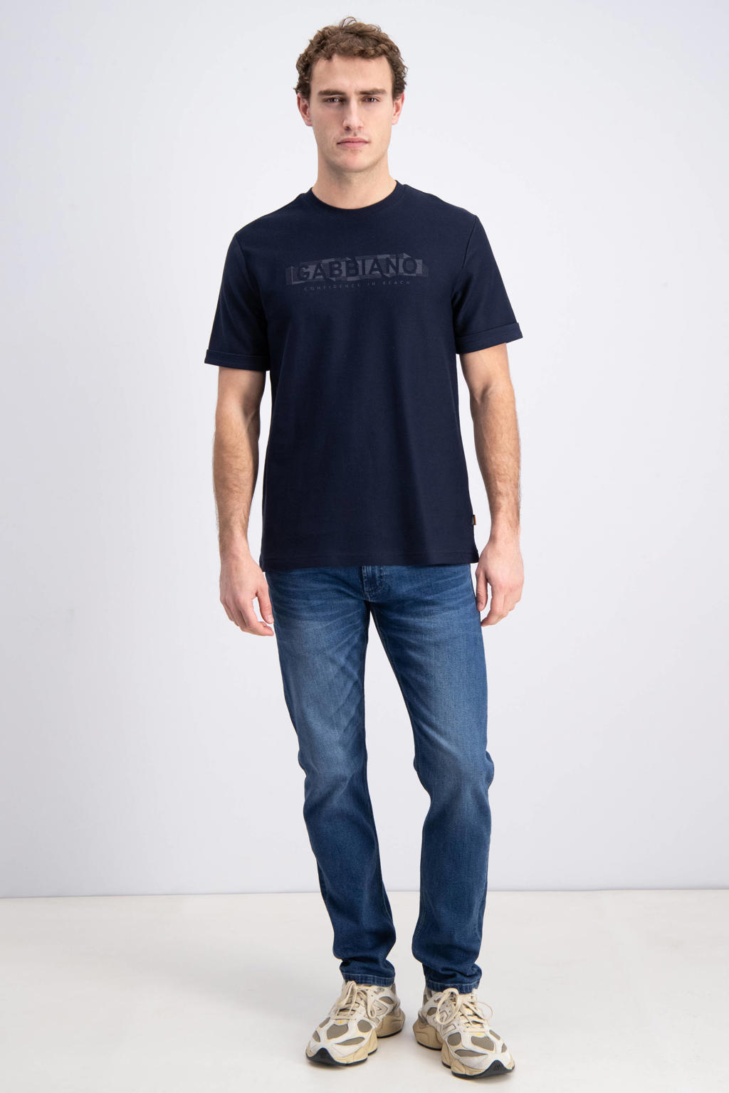 Donkerblauwe heren GABBIANO regular T-shirt van katoen met printopdruk, korte mouwen en ronde hals