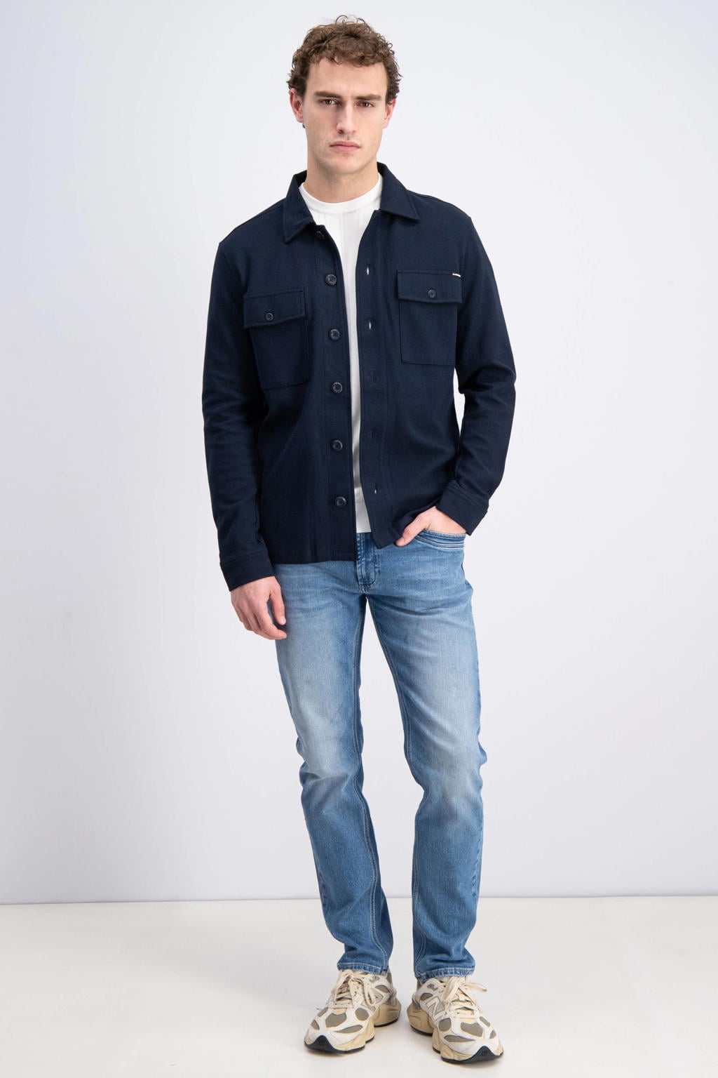Donkerblauwe heren GABBIANO overshirt gebreid van sweat materiaal met effen, lange mouwen, klassieke kraag en knoopsluiting