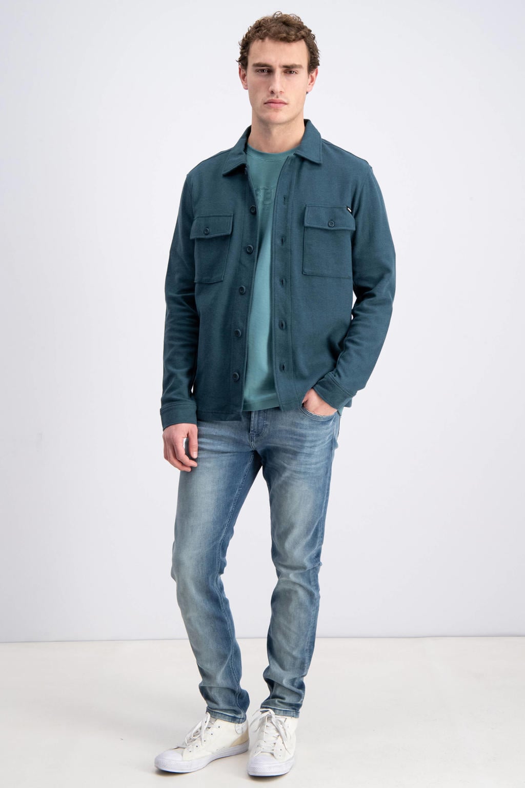 Petrolkleurige heren GABBIANO overshirt gebreid van sweat materiaal met effen, lange mouwen, klassieke kraag en knoopsluiting