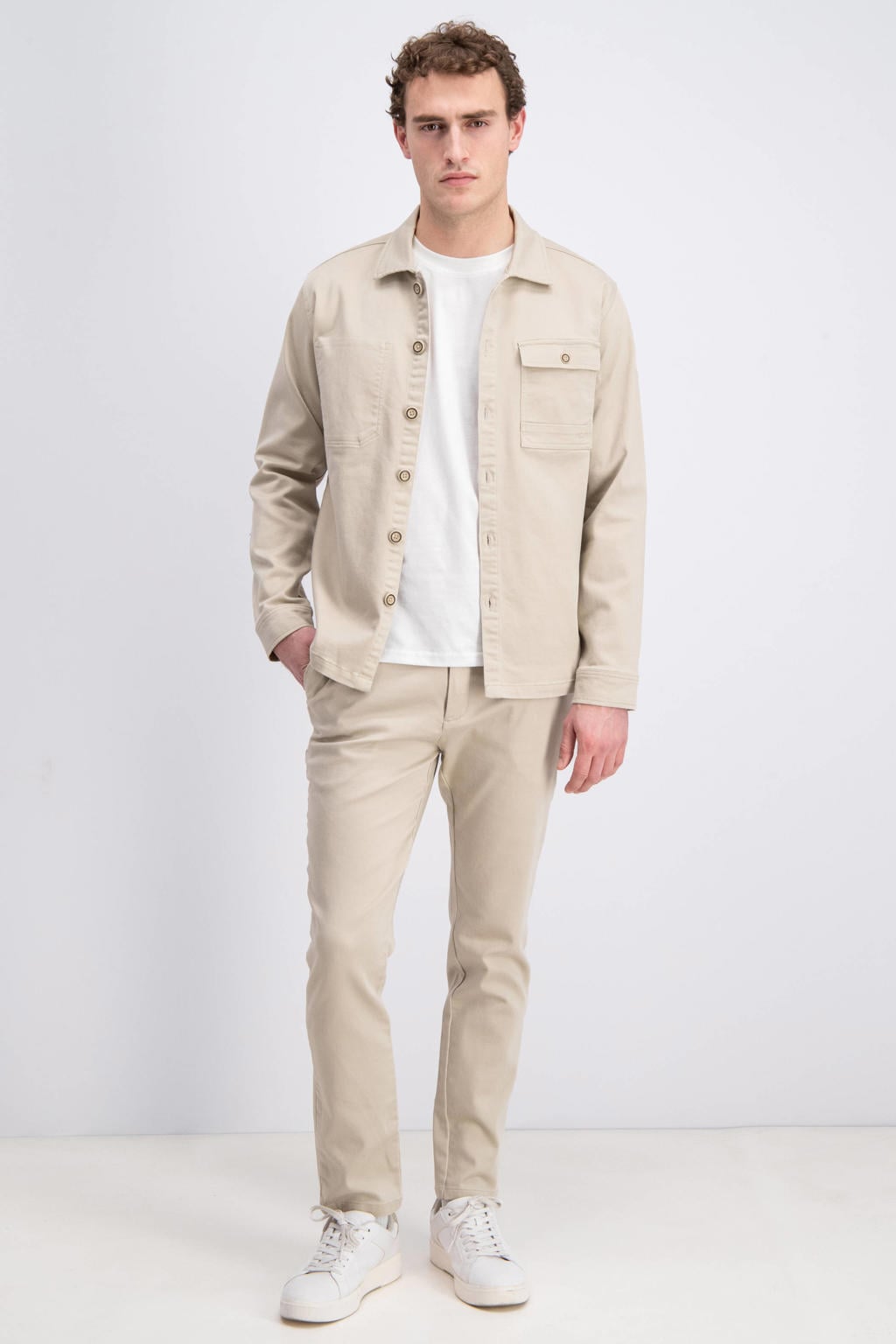 Ecru heren GABBIANO overshirt van katoen met effen, lange mouwen, klassieke kraag en knoopsluiting