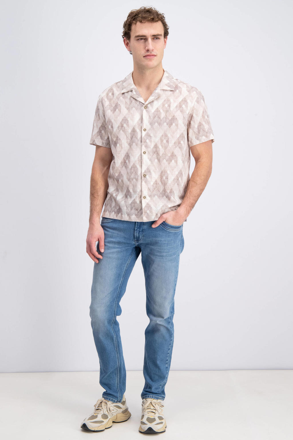 Beige heren GABBIANO regular casual overhemd van katoen met korte mouwen, reverskraag en knoopsluiting