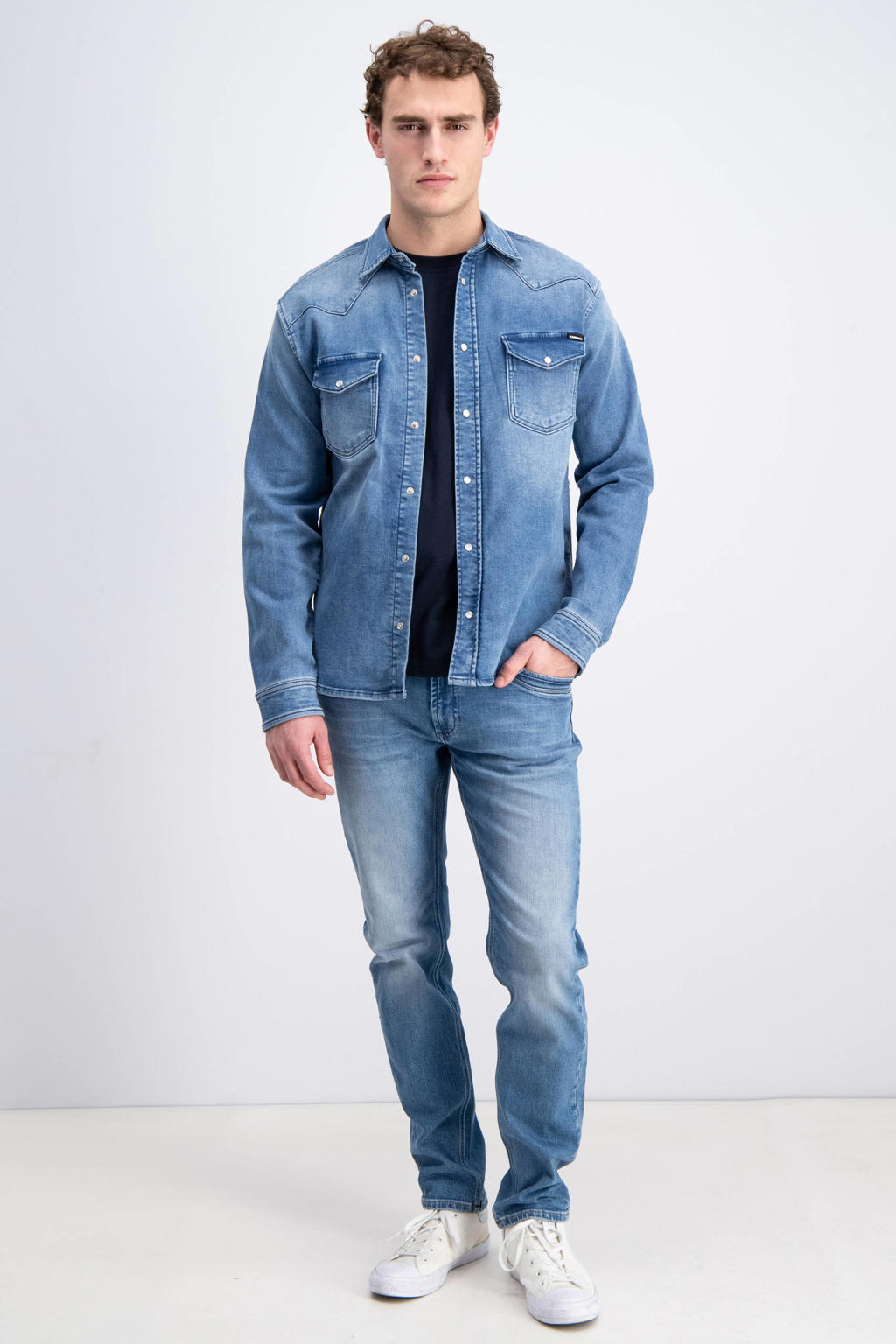 Blauwe heren GABBIANO regular casual overhemd van jog denim met effen, lange mouwen, klassieke kraag en drukknoopsluiting