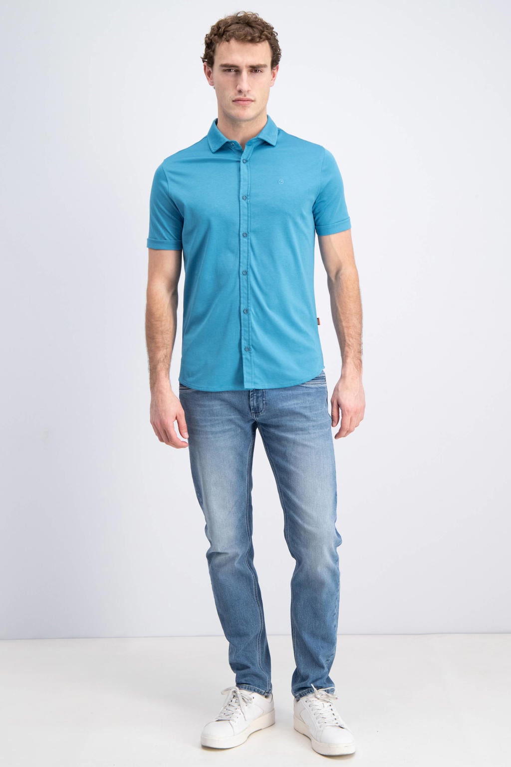 Lichtblauwe heren GABBIANO regular casual overhemd van katoen met effen, korte mouwen, klassieke kraag en knoopsluiting