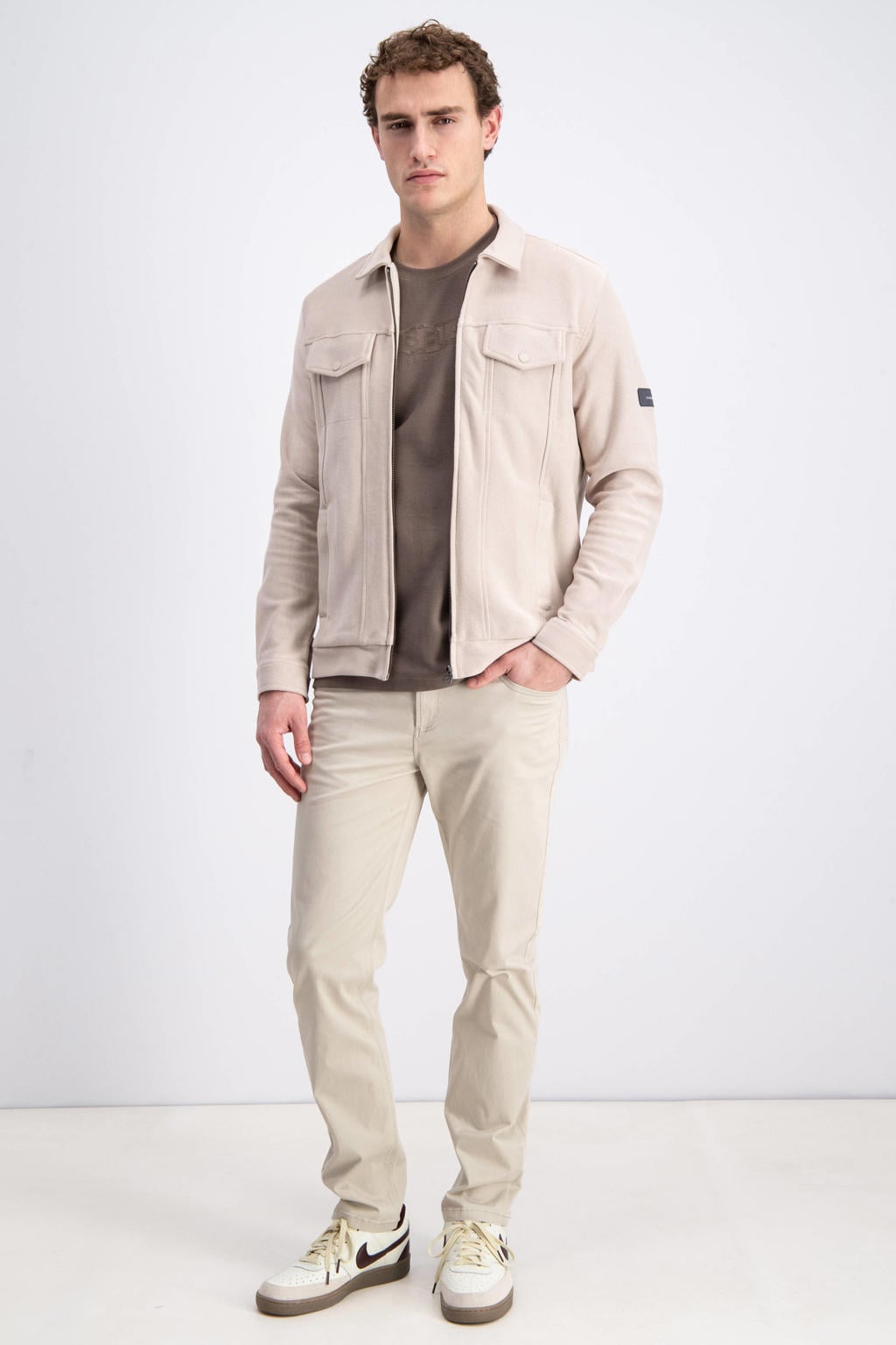 Ecru heren GABBIANO sweatvest met effen, lange mouwen, klassieke kraag en ritssluiting