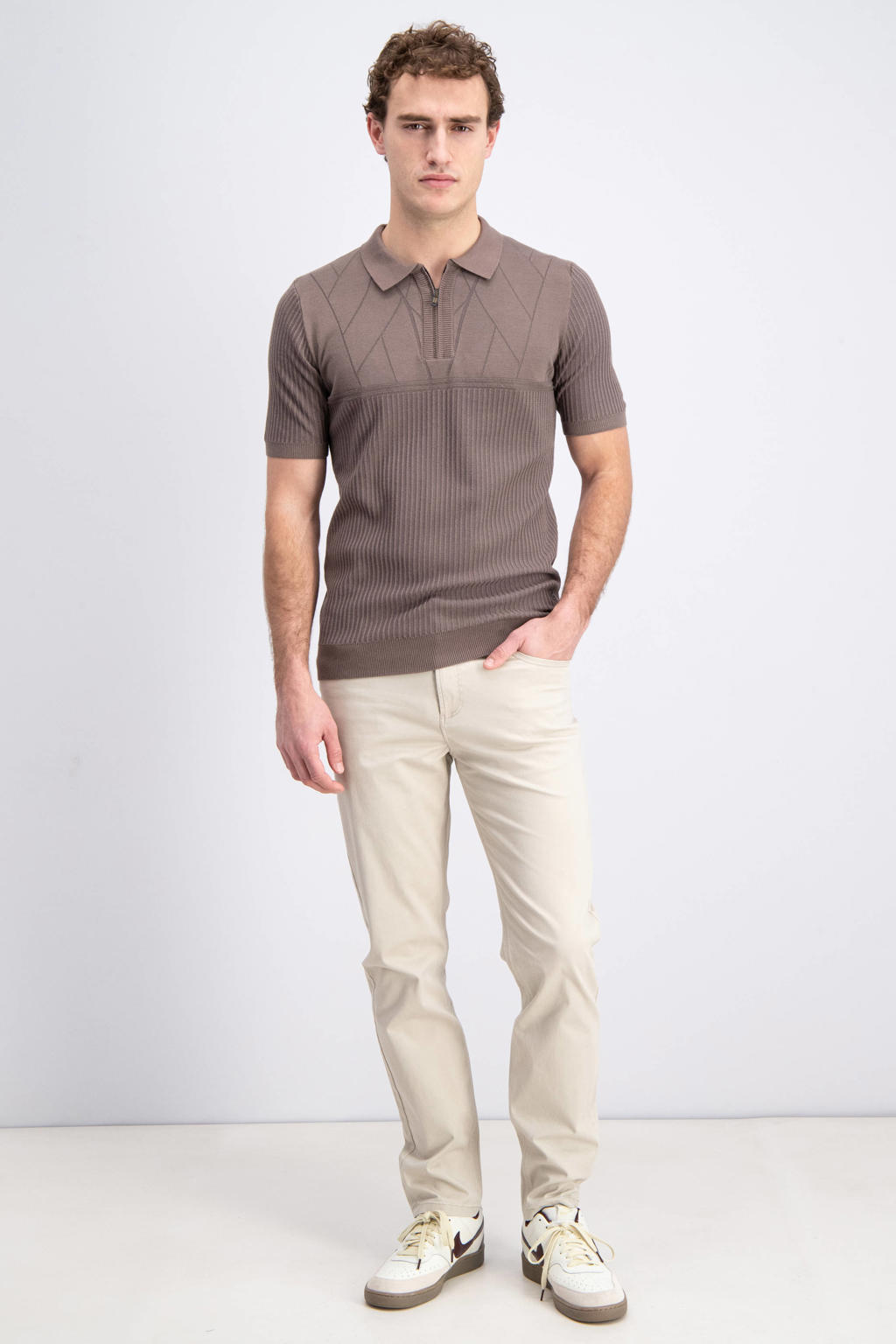Bruine heren GABBIANO regular polo gebreid van viscose met effen, korte mouwen en halve rits