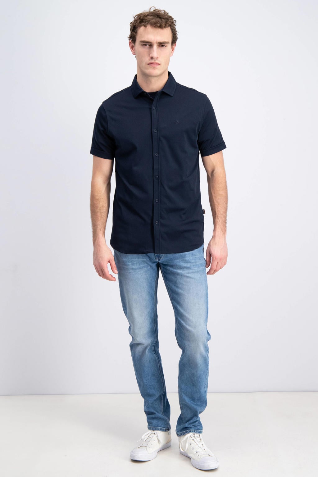 Donkerblauwe heren GABBIANO regular casual overhemd van katoen met effen, korte mouwen, klassieke kraag en knoopsluiting