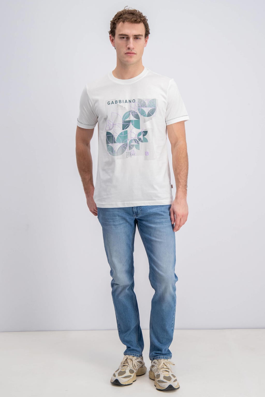 Ecru heren GABBIANO regular T-shirt van katoen met printopdruk, korte mouwen en ronde hals