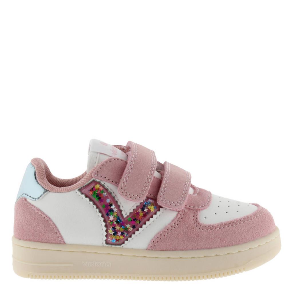 Wit en roze meisjes Victoria sneakers van 52% leather 48% polyurethane met klittenband