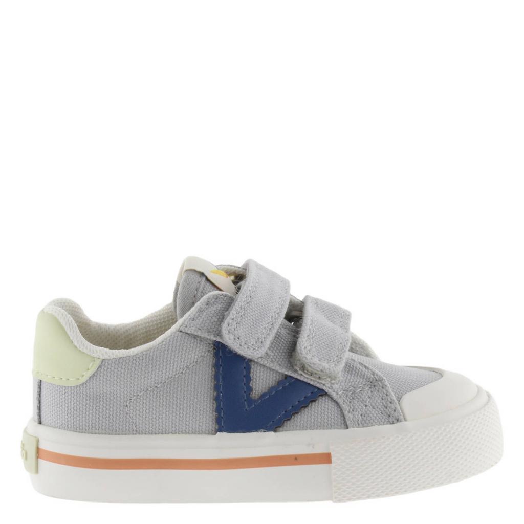 Grijs en donkerblauwe jongens Victoria sneakers van 80% katoen/20% polyurethaan met klittenband
