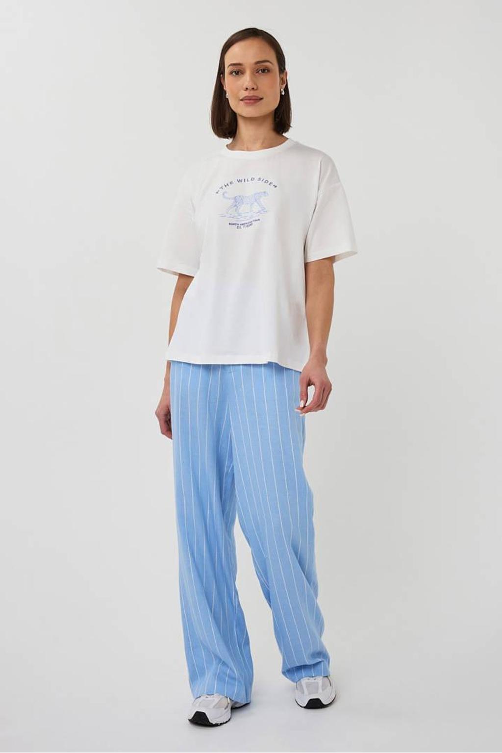 Ecru en blauwe dames Esqualo -shirt van katoen met printopdruk, korte mouwen en ronde hals