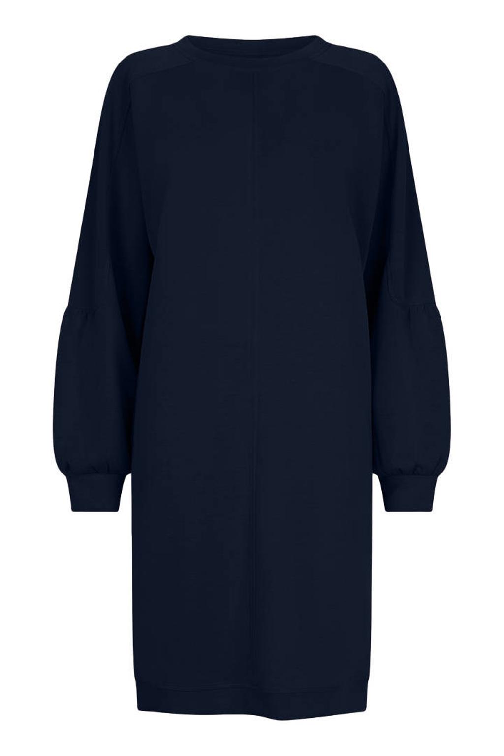 Blauwe dames Esqualo sweatjurk van modal met effen, lange mouwen en ronde hals