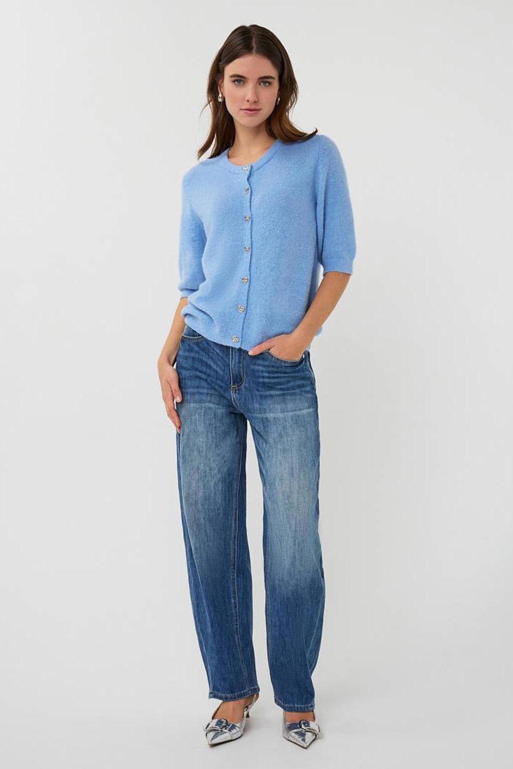 Blauwe dames Esqualo gebreid vest van acryl met driekwart mouwen, ronde hals en knoopsluiting