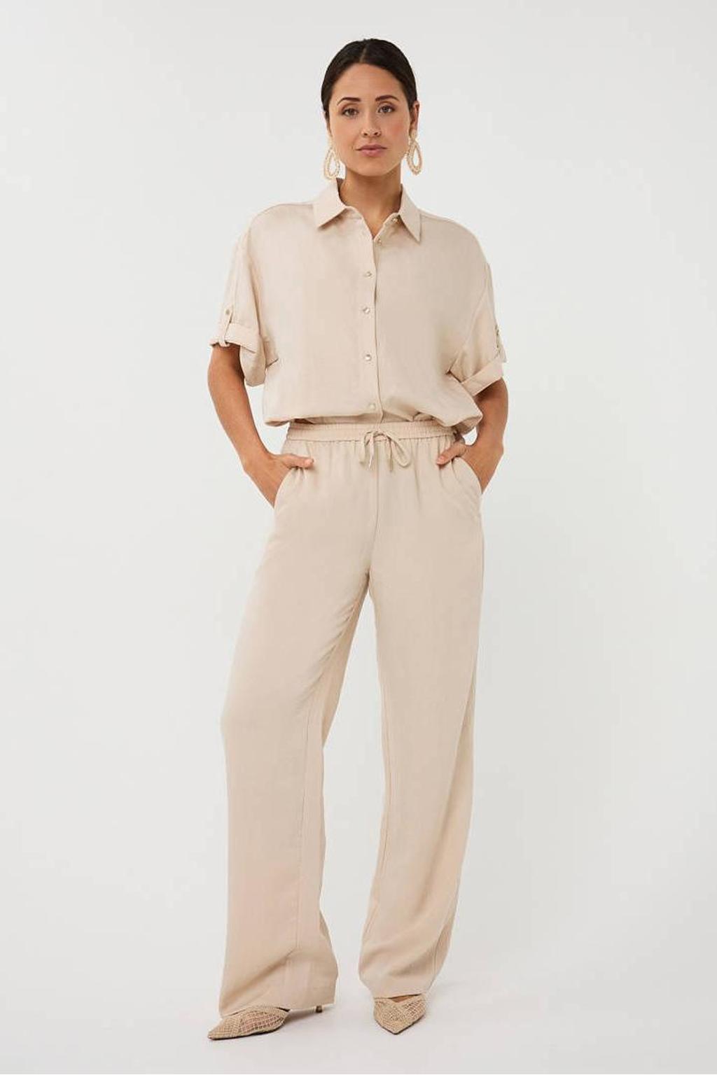 Beige dames Esqualo wide leg regular waist broek van rayon met elastische tailleband met koord en effen