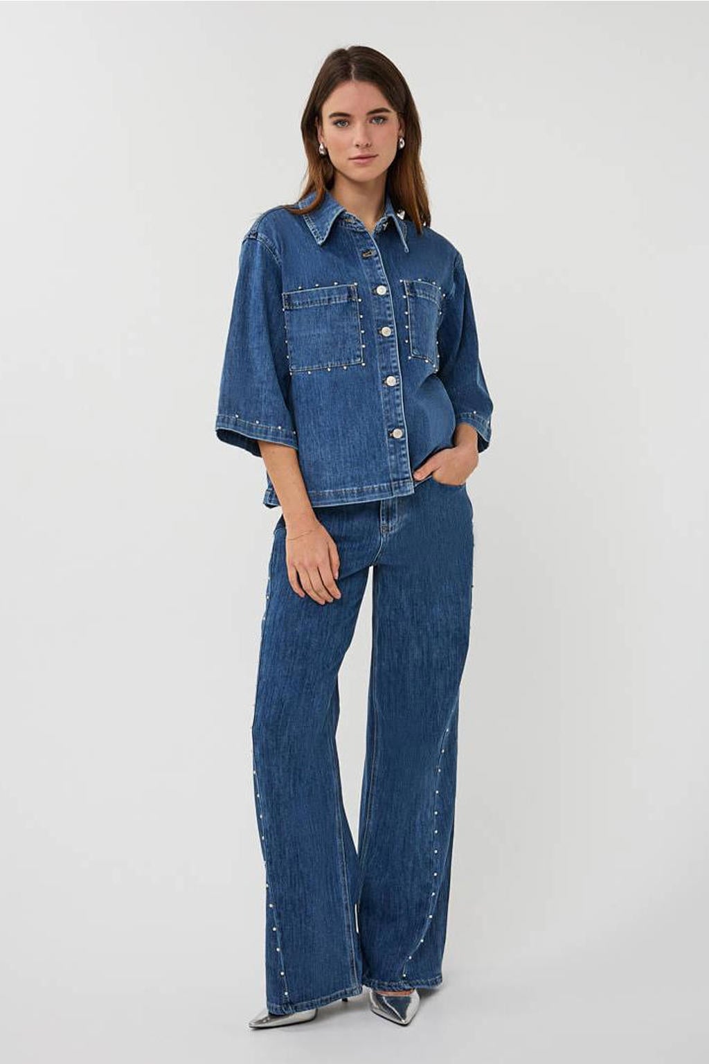 Dark blue denim dames Esqualo blouse dark blue van denim met effen, driekwart mouwen, klassieke kraag, knoopsluiting en studs