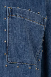 thumbnail: Dark blue denim dames Esqualo blouse dark blue van denim met effen, driekwart mouwen, klassieke kraag, knoopsluiting en studs