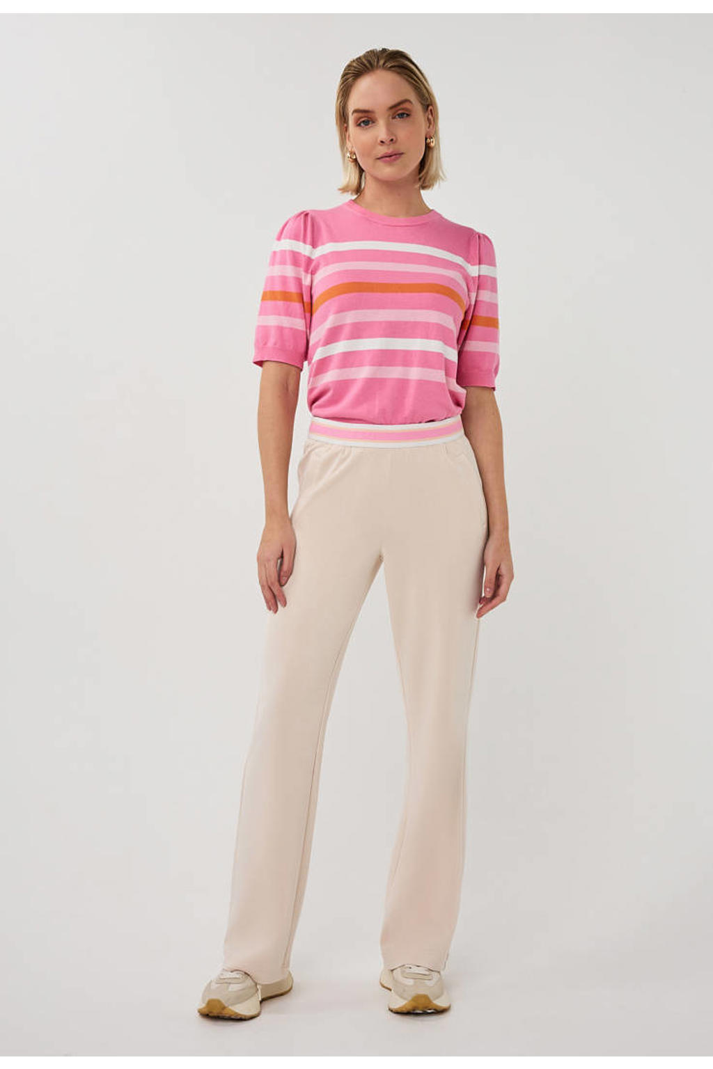 Roze dames Esqualo gestreepte top van viscose met half lange mouwen, ronde hals en geribde boorden