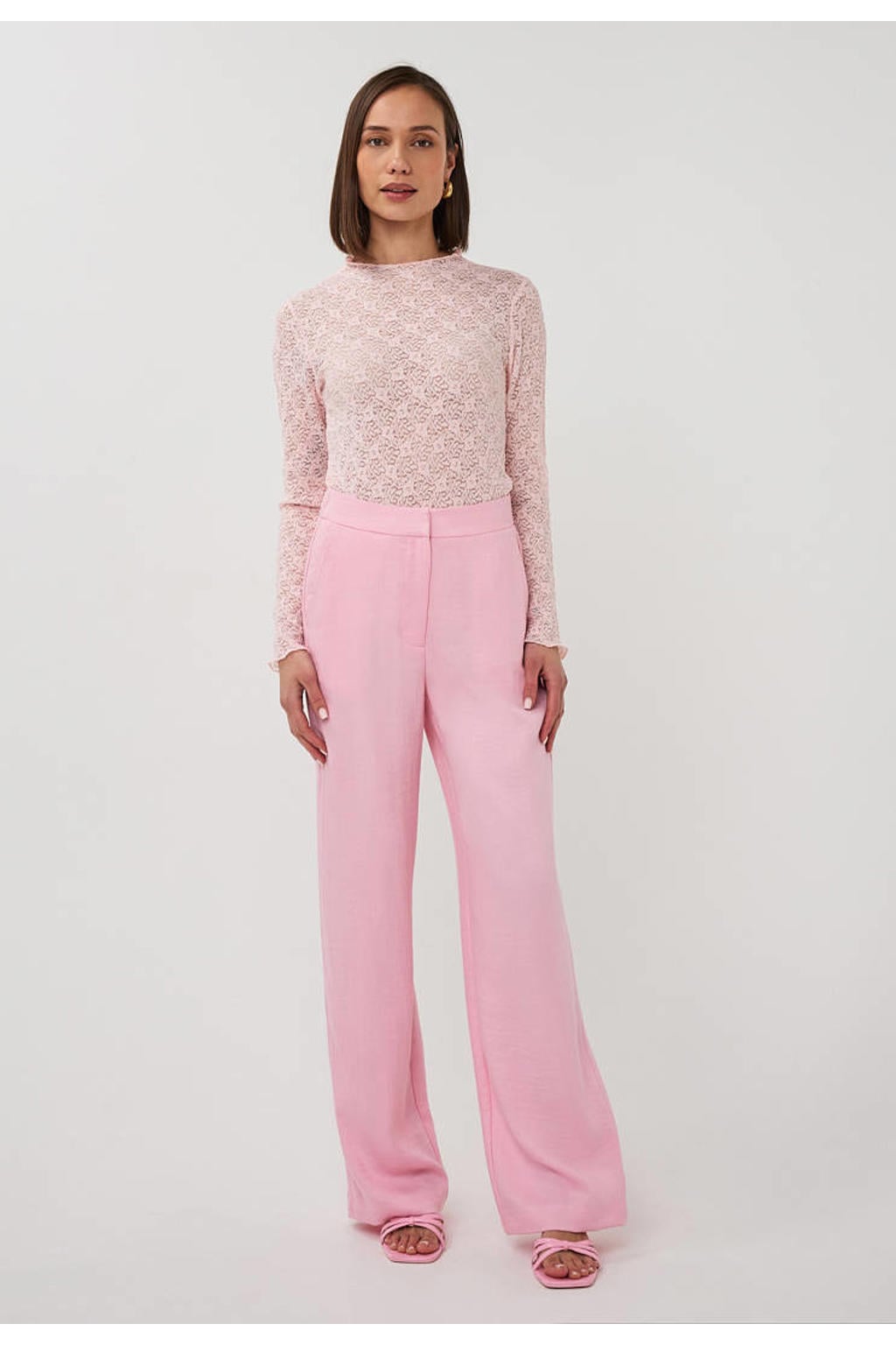 Roze dames Esqualo wide leg regular waist broek van rayon met rits, haak- en knoopsluiting en effen