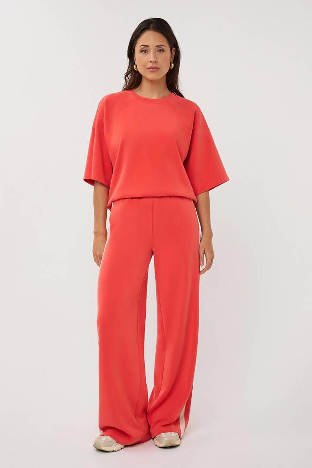 Rood en witte dames Esqualo wide leg regular waist broek van modal met effen
