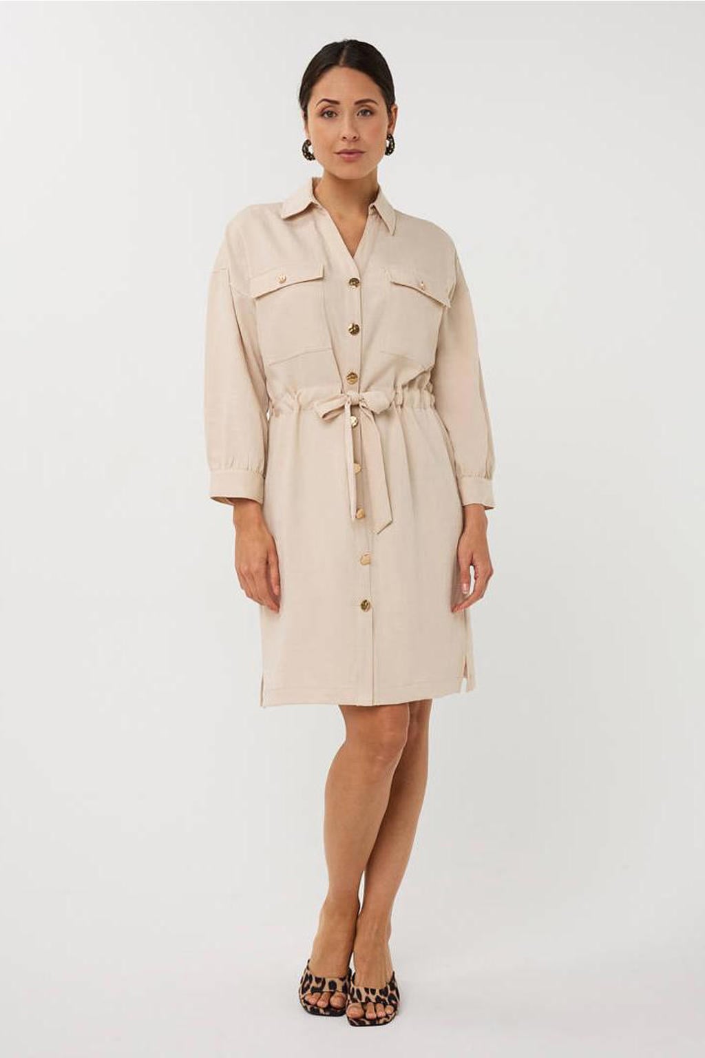 Zandkleurige dames Esqualo blousejurk van rayon met effen, driekwart mouwen, klassieke kraag, knoopsluiting en ceintuur