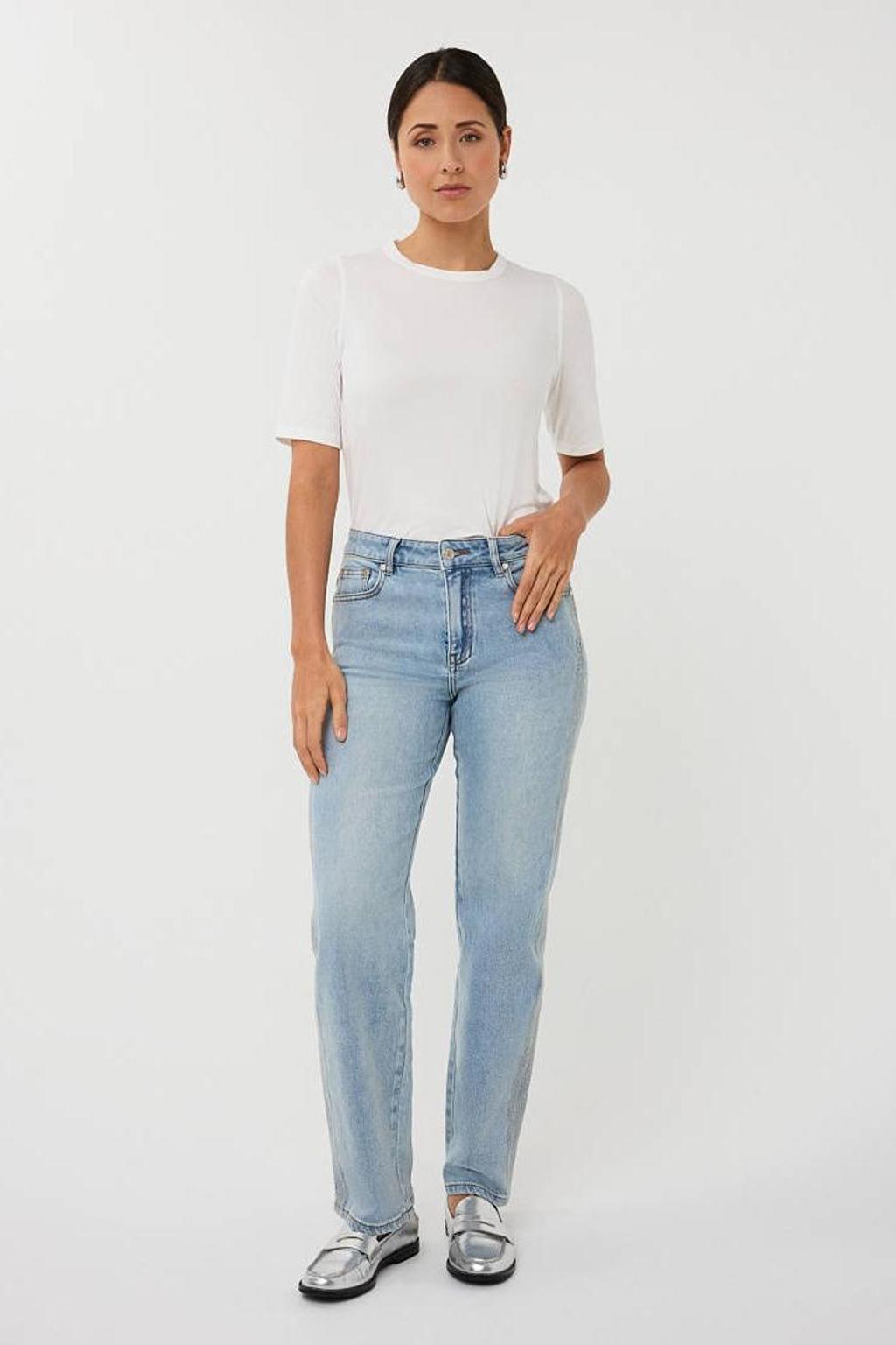 Medium blue denim dames Esqualo Trousers jeans embroidery straight leg jeans broderie van denim met rits- en knoopsluiting en effen